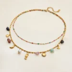 Uworld Fashion Vacation Style 18K Gold Color Plated Stainless Steel Natural Color Stone Pendant Necklace Stackable Double layer - Image 6