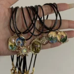 Vintage Drip Oil Flower Sun Pendant Necklace Leather Rope - Image 2