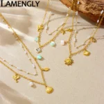 LAMENGLY 316L Stainless Steel 2-chain Pearl Shell Sun Fish Pendant Necklace Women Summer Leisure Style Clavicle Chain Party Gift