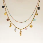 Uworld Fashion Vacation Style 18K Gold Color Plated Stainless Steel Natural Color Stone Pendant Necklace Stackable Double layer - Image 4