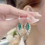 Green Crystal Golden Leaves Earrings for Women Individuality Daily Accessories Valentines Day Anniversary Birthday Jewelry Gifts - Image 2