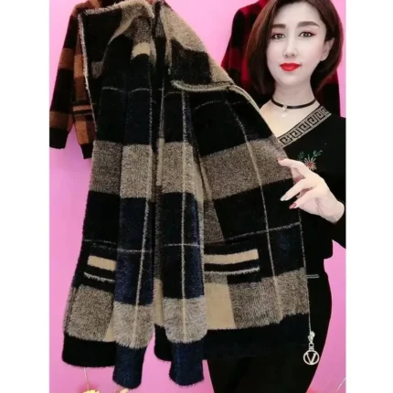 Large Size Middle Aged Mother Imitation Mink Velvet Coat Autumn Winter Thicken Warm Knitted Sweater Zipper Cardigan Jacket