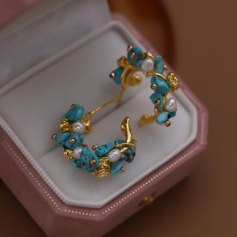 kf-S8717d13822a44bb085ac9815c4ba6beck French new design retro jewelry 14K gold plated blue stone freshwater pearl wrap earrings elegant women's daily work accessories - Image 1