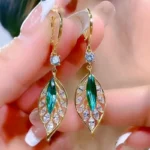 Green Crystal Golden Leaves Earrings for Women Individuality Daily Accessories Valentines Day Anniversary Birthday Jewelry Gifts - Image 6