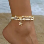 Summer Bohemian Style Starfish Shell Millet Bead Ankle Chain Three-Layer Set Beachy Elegant Foot Jewelry Accessory