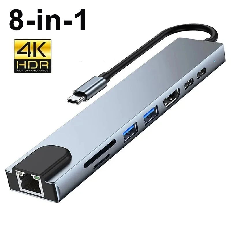 kf-Sb8a0afbb22464847a607793e7cf3b92fw 8 in1 USB C HUB 3.0 Type C Splitter 4K Docking Station Laptop Adapter PD SD TF For Macbook Air M1 iPad Pro RJ45 HDMI-Compatible - Image 1