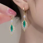Green Crystal Golden Leaves Earrings for Women Individuality Daily Accessories Valentines Day Anniversary Birthday Jewelry Gifts - Image 3