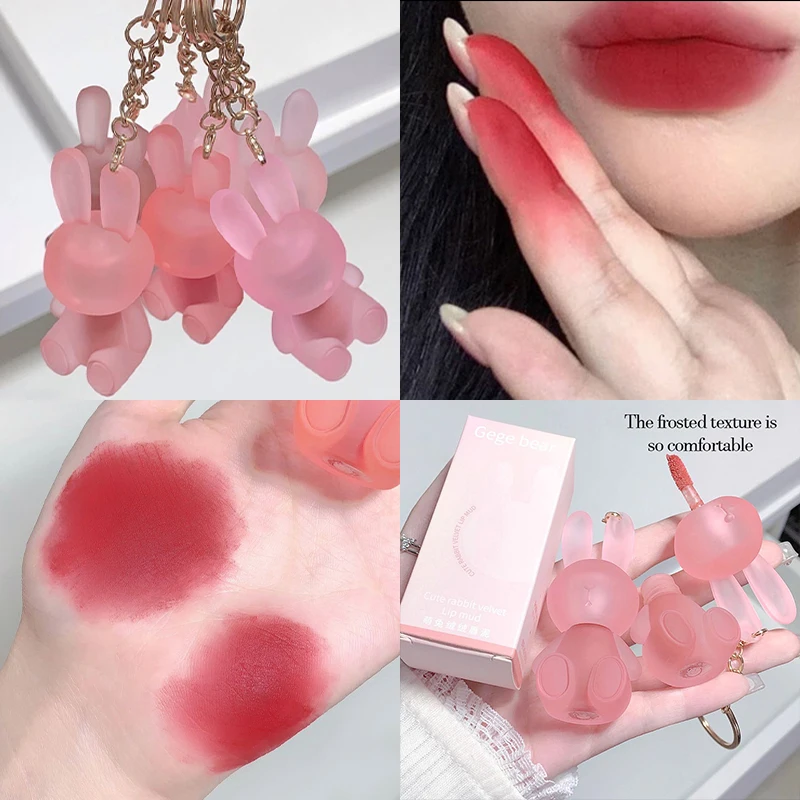 kf-Scb5f96f6ed0643d3824261d8e43a0a7b8 Cute Rabbit Keychain Lip Mud Matte Velvet Mousse Grey Pink Lip Rouge Lipstick Waterproof Non-Stick Cup Lip Gloss Korean Cosmetic - Image 1