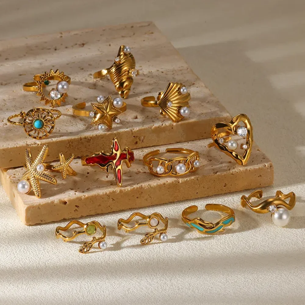 kf-Seb75838a9f9147e7b2a004eec0bc97f2I New Style Fashion Imitation Pearl Jewelry Rings Stainless Steel Shell Flower Irregular Anillos Wedding Accessories Cute Gifts - Image 1