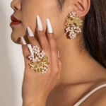 Docona Fashion White Imitation Pearl For Women Personality Earrings Ring set Elegant Earrings Jewelry For Party Accessories