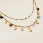 Uworld Fashion Vacation Style 18K Gold Color Plated Stainless Steel Natural Color Stone Pendant Necklace Stackable Double layer - Image 5