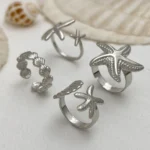 4Pcs/set Starfish Shell Open Rings for Women Gold Color Irregular Textured Starfish Adjustable Rings Set Vacation Jewelry Gifts - Image 6