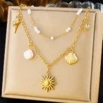 LAMENGLY 316L Stainless Steel 2-chain Pearl Shell Sun Fish Pendant Necklace Women Summer Leisure Style Clavicle Chain Party Gift - Image 6