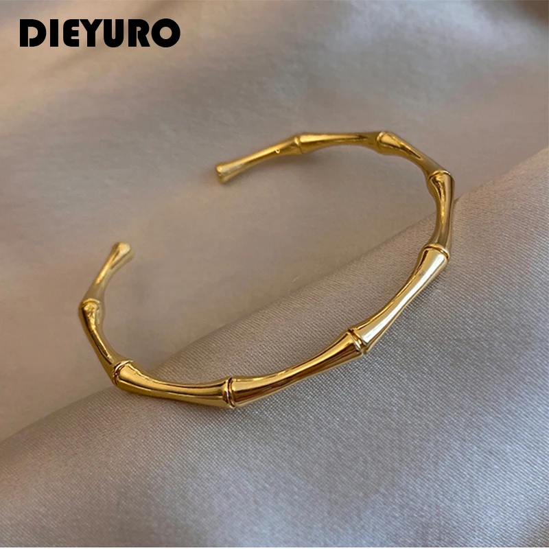 kf-He024a65ed3eb418c8d57e75976b51e93C DIEYURO 316L Stainless Steel Temperament Bamboo Open Thin Bangle High Quality Handmade Anniversary Gift Pulseras Mujer 2022 New - Image 1