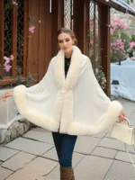 Women's Faux Fur Shawl Cloak Solid Color Acrylic Fabric Knitted Cardigan Sweater Like Fur Collar Casual Style Cape