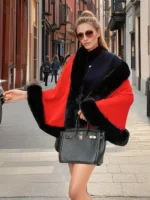 Women's Faux Fur Shawl Cloak Solid Color Acrylic Fabric Knitted Cardigan Sweater Like Fur Collar Casual Style Cape - Image 3