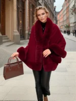 Women's Faux Fur Shawl Cloak Solid Color Acrylic Fabric Knitted Cardigan Sweater Like Fur Collar Casual Style Cape - Image 4