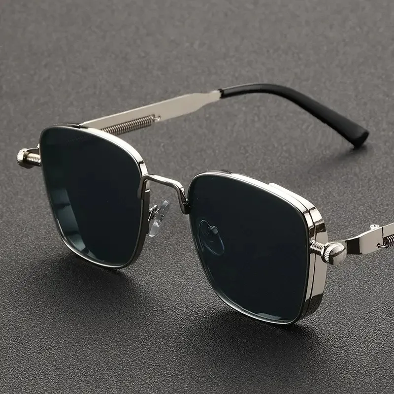 kf-S7189112e50774b128122afe3d12343b2h Men Driving Sunglasses Vintage Steampunk Square Sunglasses Metal Frame with Spring Hinges Women Eyepiece Trendy Driver Glasses - Image 1