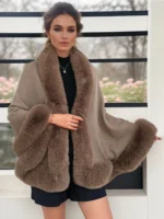 Women's Faux Fur Shawl Cloak Solid Color Acrylic Fabric Knitted Cardigan Sweater Like Fur Collar Casual Style Cape - Image 5