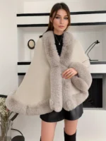 Women's Faux Fur Shawl Cloak Solid Color Acrylic Fabric Knitted Cardigan Sweater Like Fur Collar Casual Style Cape - Image 6