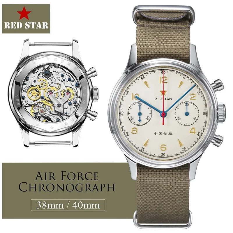 kf-Sef9ace00826e445bbba73689a938f39b8 RED STAR 38mm Men's 1963 Chronograph Mechanical Watch Pilot with Seagull Movement ST1901 Air Force Aviation Sapphire Goose 40mm - Image 1