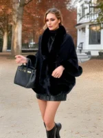 Women's Faux Fur Shawl Cloak Solid Color Acrylic Fabric Knitted Cardigan Sweater Like Fur Collar Casual Style Cape - Image 2