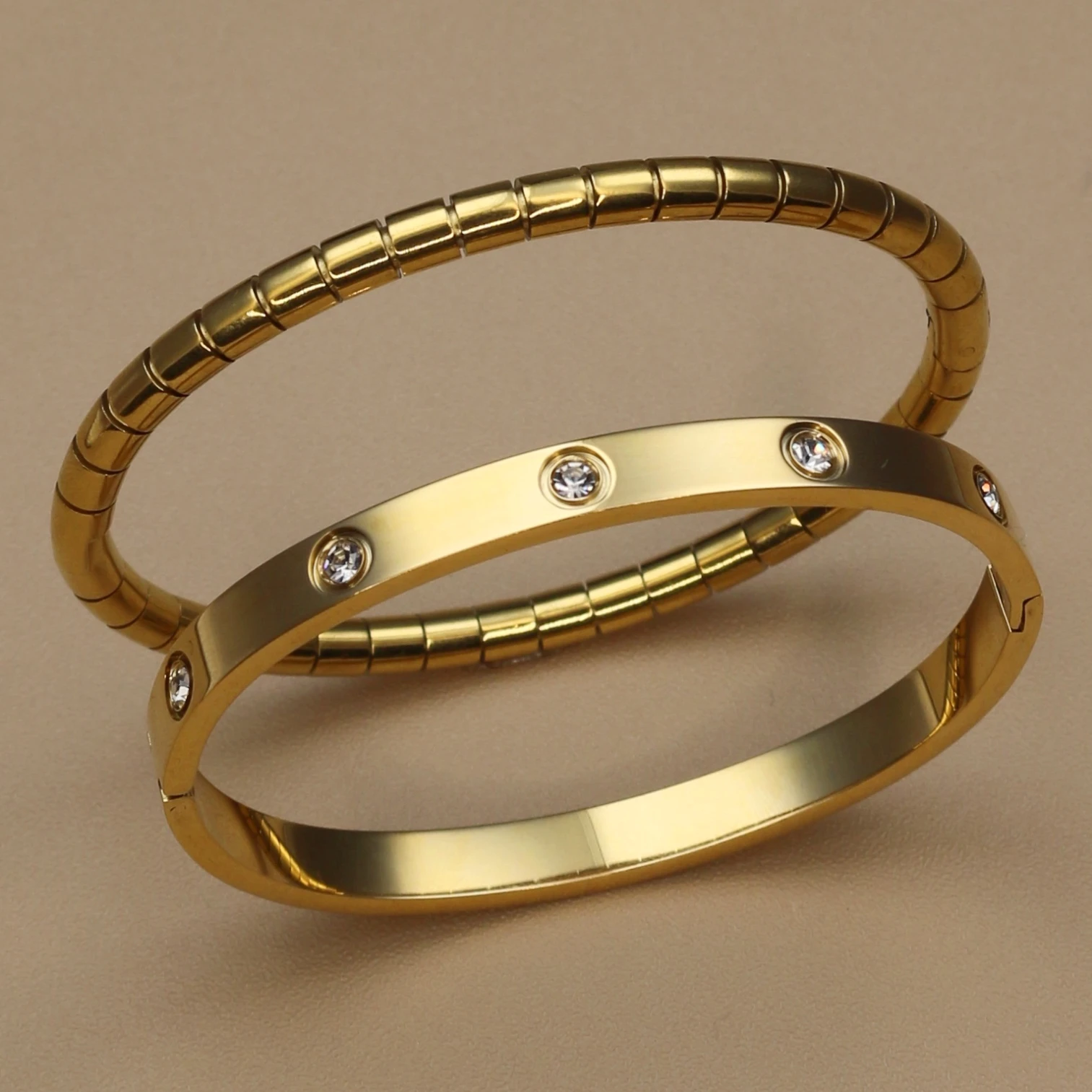 kf-S03151d6bb5ea4e8c84554ec489dd9d53A XCB-019 High Polished Stainless Steel Gold Color Waterproof Bracelet Light Luxury Luster Zircon Women's Bangle Fashion Jewellery - Image 1