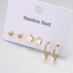 Lokaer 3Pair/Set Trendy Shell Flower Rhinestone Stud Earrings for Women 18K Gold Plated Stainless Steel Jewelry Wholesale E25007