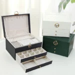 Multifunctional Three Layer Leather Jewelry Box with Lock Earrings Jewelry Storage Box for Women