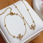 Sweet Temperament Inlay Zircon Four-leaf Flower Pendant Stainless Steel Necklace Bracelet for Women Bride Jewelry Sets Gifts