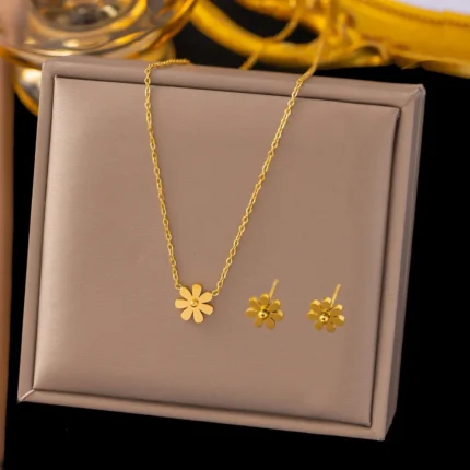 Classic Gold Color Stainless Steel Small Daisy Flower Pendant Necklace for Women Charm Sunflower Collar Earring Jewelry Set Gift