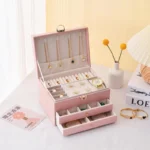 Multifunctional Three Layer Leather Jewelry Box with Lock Earrings Jewelry Storage Box for Women - Image 2