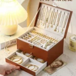 Multifunctional Three Layer Leather Jewelry Box with Lock Earrings Jewelry Storage Box for Women - Image 4