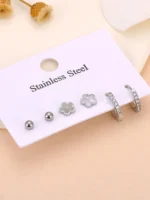 Lokaer 3Pair/Set Trendy Shell Flower Rhinestone Stud Earrings for Women 18K Gold Plated Stainless Steel Jewelry Wholesale E25007 - Image 5