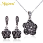 Ajojewel Brand Parure Bijoux Elegant Crystal Rose Flower Necklace Earrings Black Vintage Jewelry Sets For Women