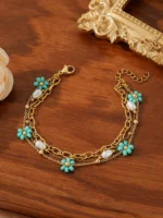 Pearl Bracelet For Women Gold Plated Chain Floral Crystal Accent Vintage Style Jewelry - Image 4