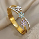 Greatera Colorful Oil-dripping Flower Bracelet Fashion Stainless Steel Cubic Zircon Filled Diameter 58mm Design Women's Bangle - Image 4