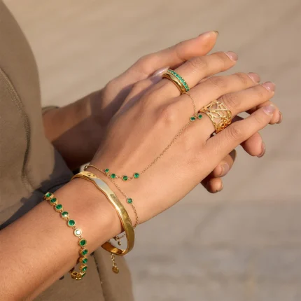 Uworld Classic Green Zircons Finger Bracelet Layered Jewelry For Women 18K PVD Gold Plated Stainless Steel Bracelets Jewelry