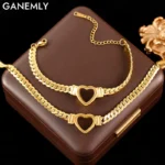 GANEMLY 316L Stainless Steel Hollow Heart Necklace Bracelets Waterproof Jewelry Charm Metalic Gold Color Chain Fashion Lady Gift