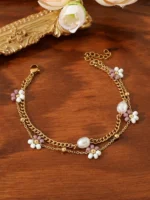 Pearl Bracelet For Women Gold Plated Chain Floral Crystal Accent Vintage Style Jewelry - Image 6