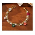 Pearl Bracelet For Women Gold Plated Chain Floral Crystal Accent Vintage Style Jewelry - Image 2