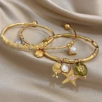 Greatera Shell Piece Bracelet Spherical Rhinestone Large Small Intervals Ocean-style Bamboo-joint Starfish Pendant Cuff Bangle - Image 6