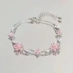 Korean Elegant Cherry Blossom Bow Zircon Bracelet For Women Y2K Sweet Girls Crystal Flowers Bracelets Wedding Party Jewelry Gift
