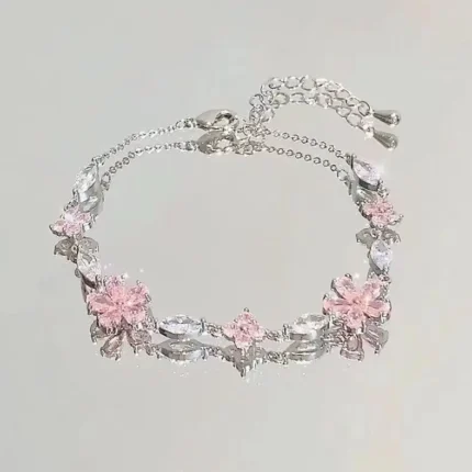 Korean Elegant Cherry Blossom Bow Zircon Bracelet For Women Y2K Sweet Girls Crystal Flowers Bracelets Wedding Party Jewelry Gift