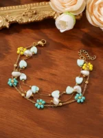 Pearl Bracelet For Women Gold Plated Chain Floral Crystal Accent Vintage Style Jewelry - Image 3