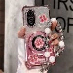 Pearl Strap Glitter Pink Clover Phone Holder Case On For Huawei Honor 9X Pro 60 70 80 90 100 200 300 Pro Ultra Y9s Stand Cover