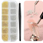 12Grid Gold/Silver Mini Caviar Beads Nail Art Decorations Metal Micro Balls Nail Charm with Magnetic Pen 3D Mini Caviar Nail Gem
