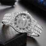 3pcs Necklace+Bracelet+Watch Cuban Chain Watch for Men Hip Hop Miami Curb Iced Out Paved Rhinestone Rapper Cuban men Jewelry set - Image 2
