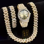 3pcs Necklace+Bracelet+Watch Cuban Chain Watch for Men Hip Hop Miami Curb Iced Out Paved Rhinestone Rapper Cuban men Jewelry set - Image 5