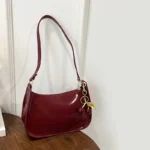 Women's PU Leather Handbag Versatile Fashion Solid Color Cherry Pendant Shoulder Bag Casual Commuting Bag Girl Underarm Bag - Image 3